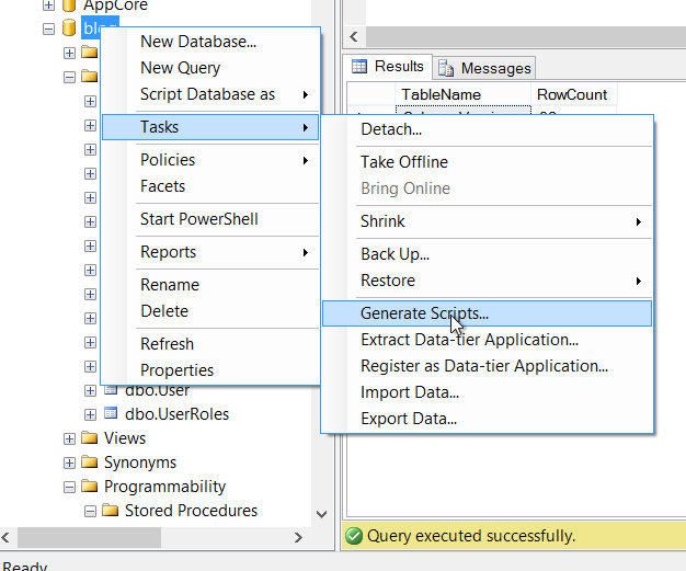 Generate Scripts from MSSSQL Studio