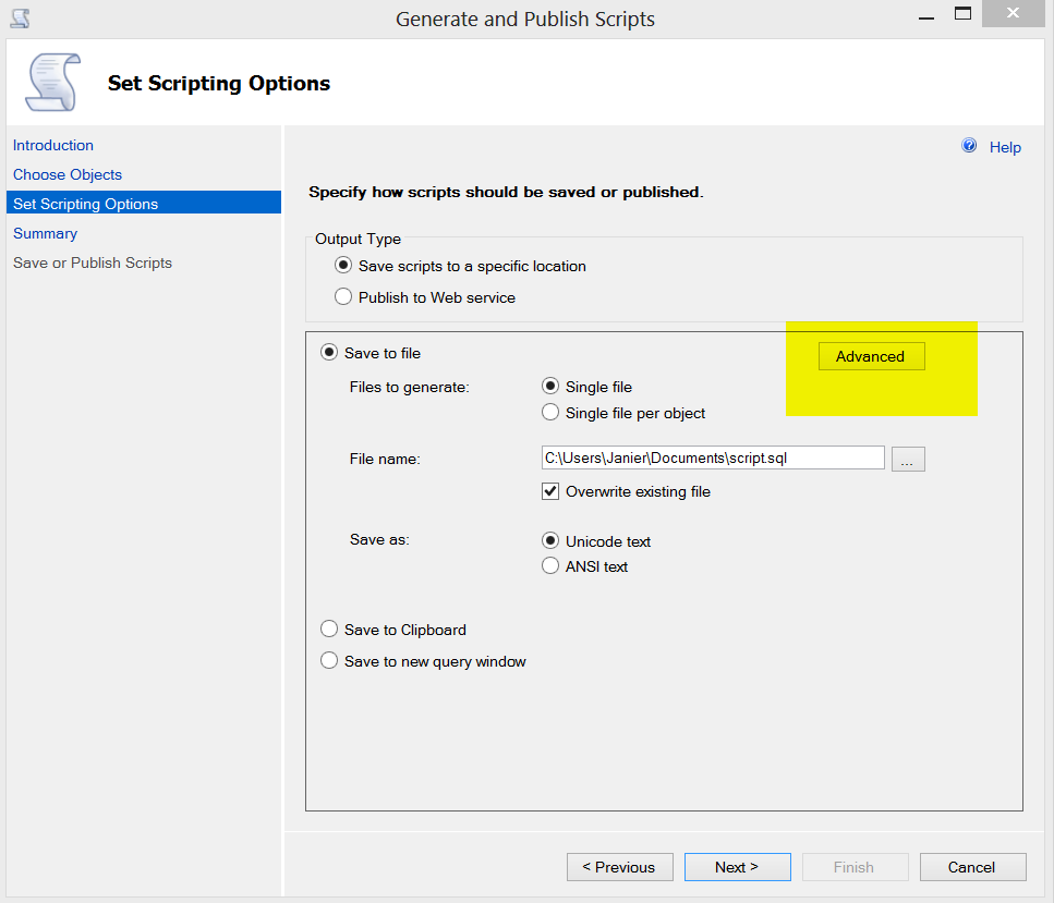 Generate Scripts Advanced option