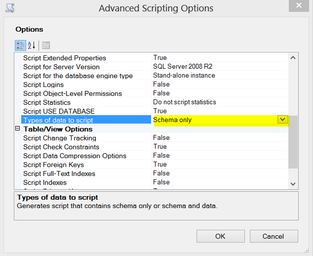 Types of data to script option